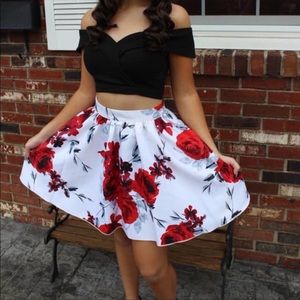 Red and black floral two piece homecoming dress